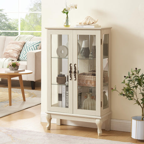 Vintage-Style 2-Door Illuminated Curio Cabinet with Mirrored Back, Adjustable Tempered Glass Shelves & Metal Handles - 43.79" H x 25.99" W x 11.8" D for Home/Office Display Generic