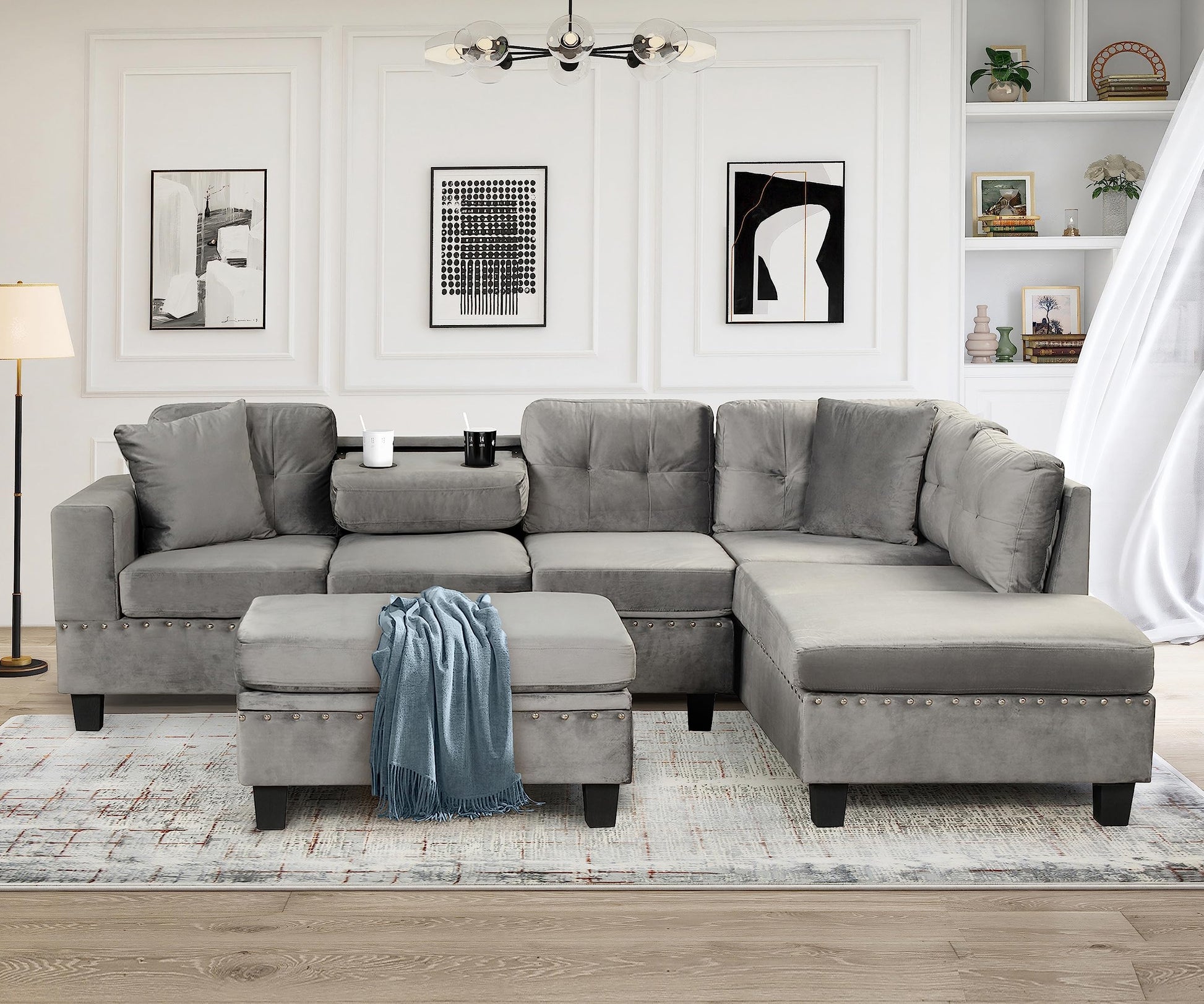 P PURLOVE Sectional Sofa with Reversible Chaise and 2 Pillows, Polyester L-Shaped Sofa with Storage Ottoman and Cup Holders, Sectional Couche Living Room Furniture Sets (Gray) - WoodArtSupply