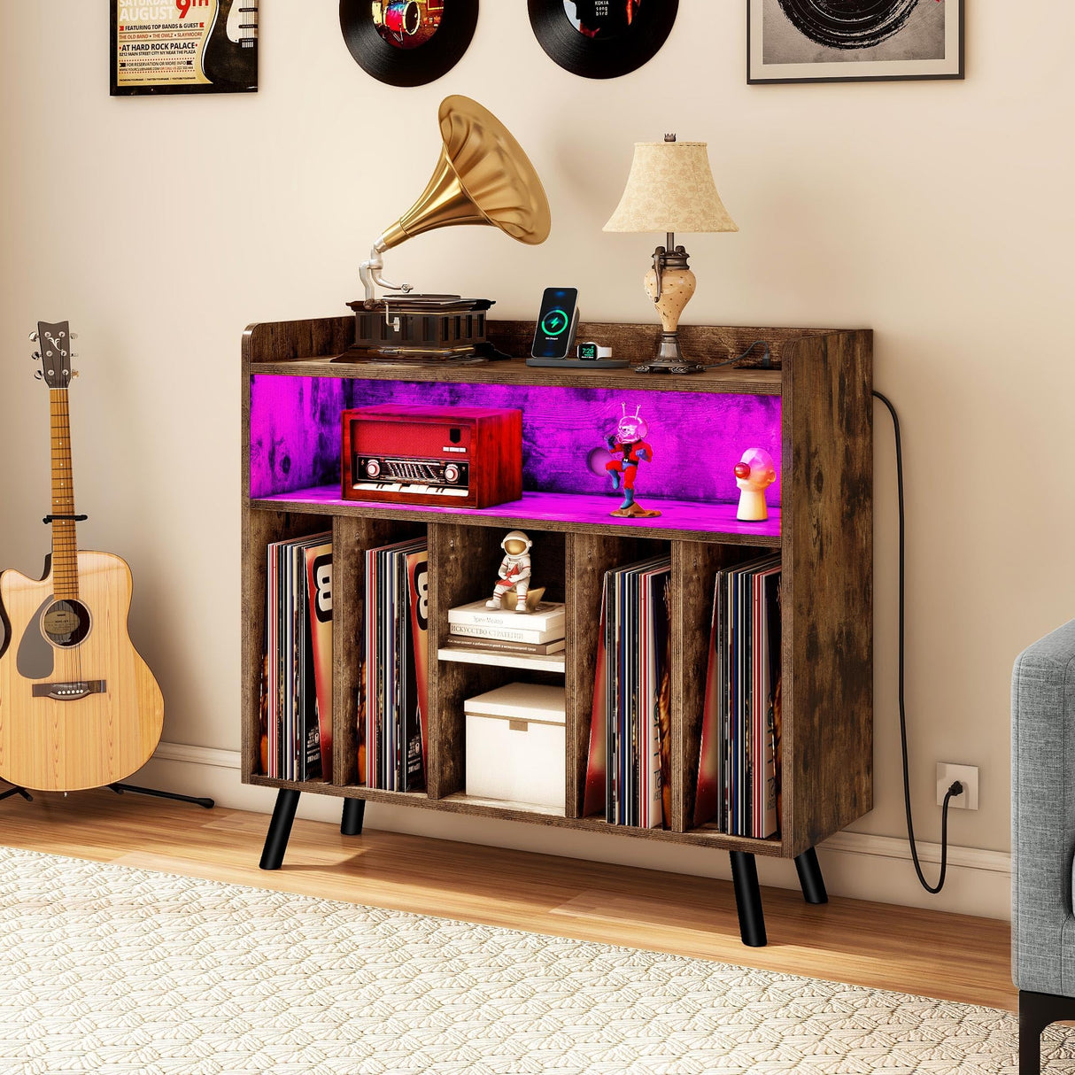 DWVO Large Record Player Stand, Turntable with Power Outlets & LED Lights, Vinyl Record Player Table with Album Storage, Turntable Stand with Record Storage Shelf for Living Room, Brown DWVO