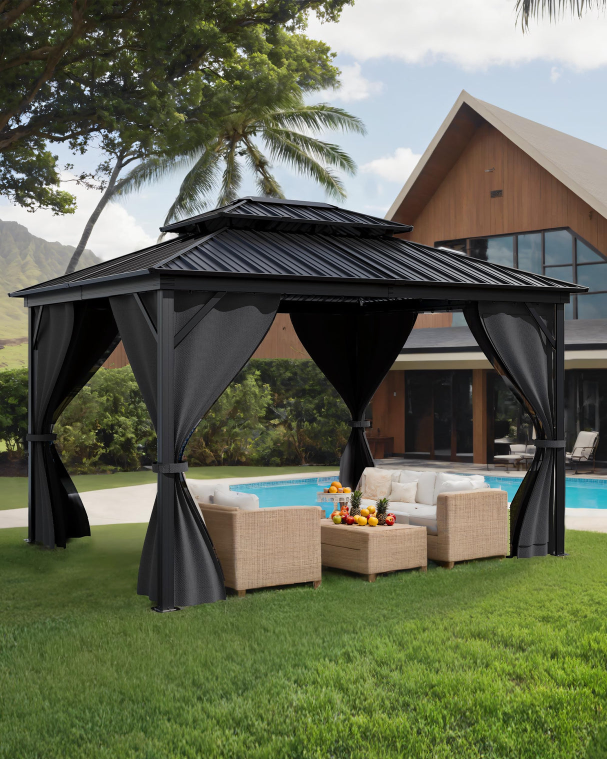 KYBOLT 10x14 Ft Hardtop Gazebos with Heavy Duty Double Roof, Nettings and Curtains Galvanized Steel Outdoor Gazebos for Patio, Backyard, Deck, Lawn (Grey) KYBOLT