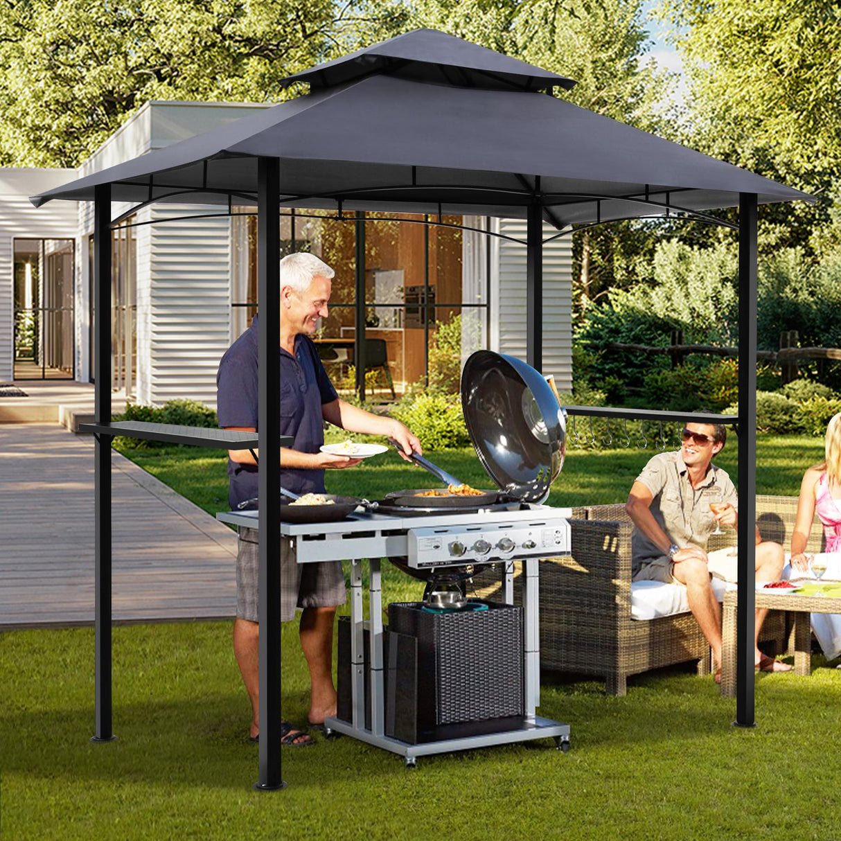 GARTOO 8'x5' Outdoor Grill Gazebo - Double Roof BBQ Gazebo Canopy with 2 Side Shelves and LED Lights, Patio BBQ Pergola Shelter for Garden, Porch and Backyard (Grey) GARTOO
