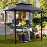 GARTOO 8'x5' Outdoor Grill Gazebo - Double Roof BBQ Gazebo Canopy with 2 Side Shelves and LED Lights, Patio BBQ Pergola Shelter for Garden, Porch and Backyard (Grey) GARTOO