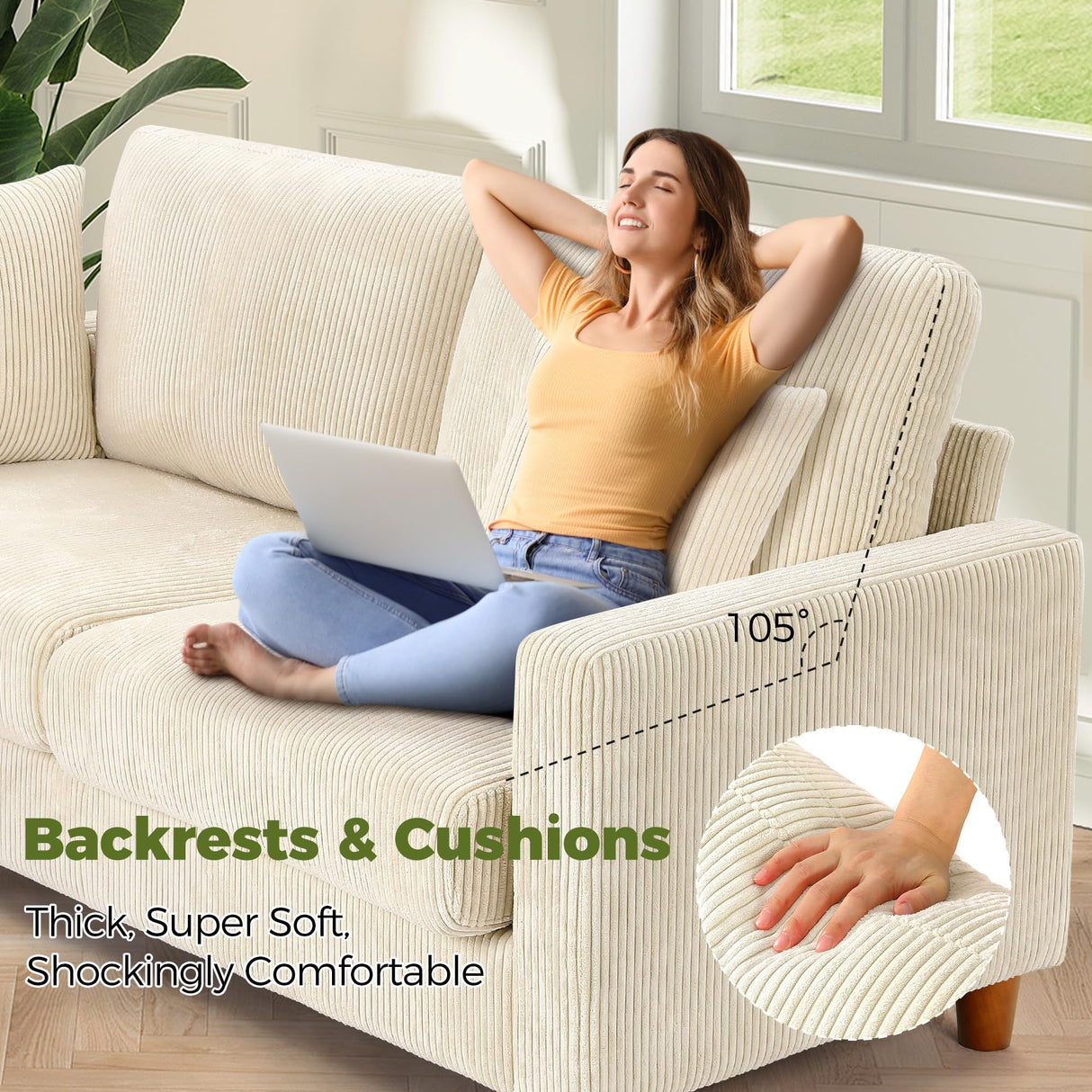 Kidirect 70in Corduroy Couch, Sofas for Living Room No Tool Assembly, Comfy Couches for Living Room 21in Deep Seats, Oversized Loveseat Sofa with 2 Pillows, 3 Seater Couch for Bedroom, Beige Sofa Kidirect