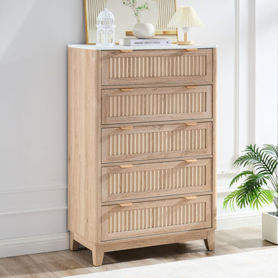 GIAJORYA Fluted Tall Dresser for Bedroom, 5 Drawer Dressers with Faux Marble Top, Wooden Chest of Drawers, Modern Storage Cabinet Organizer, Natural Oak