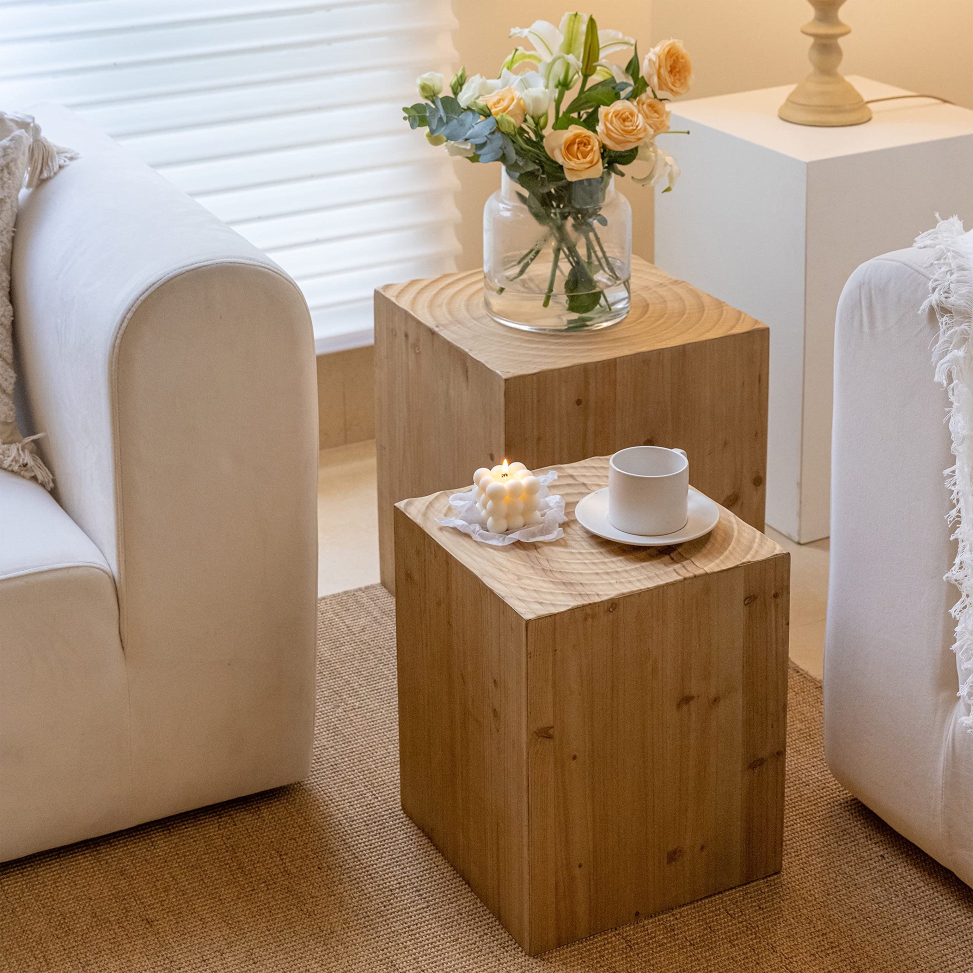 COZAYH Tree Stump End Table Set of 2, Multiple Styling Layout with Wood Tree Ring Pattern, Natural Wood Color - WoodArtSupply