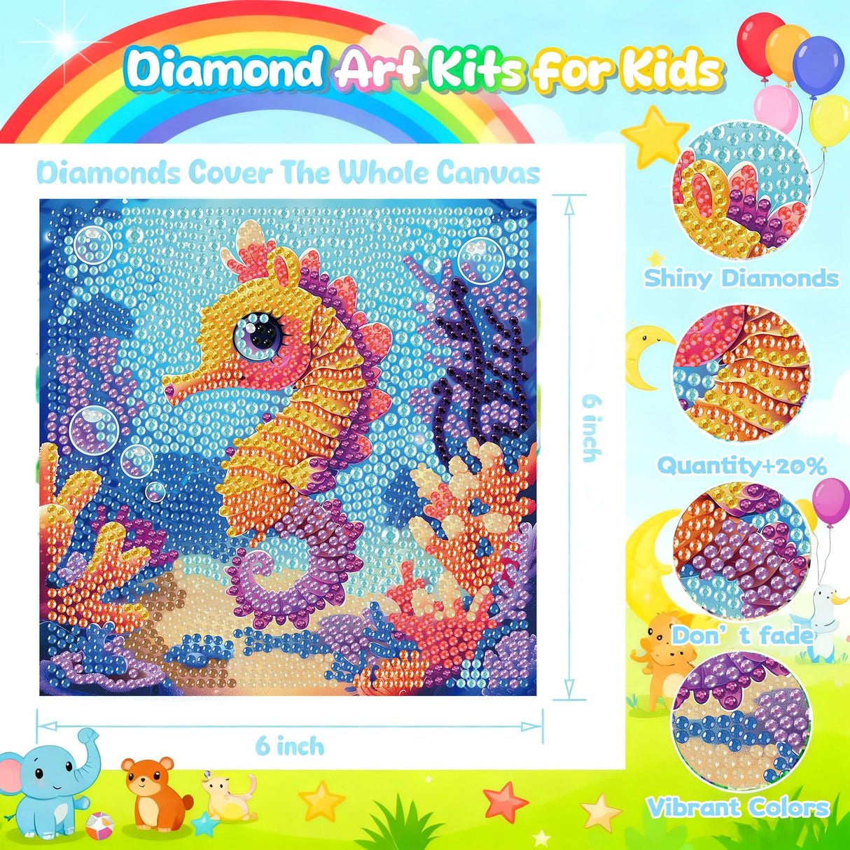 bleihum 4 Pack Diamond Art Painting Kits for Kids Animals, Small Diamond Art for Kids Ages 8-12, Cute Gem Art Kits for Kid Gift Home Wall Decor 6X6 inch bleihum