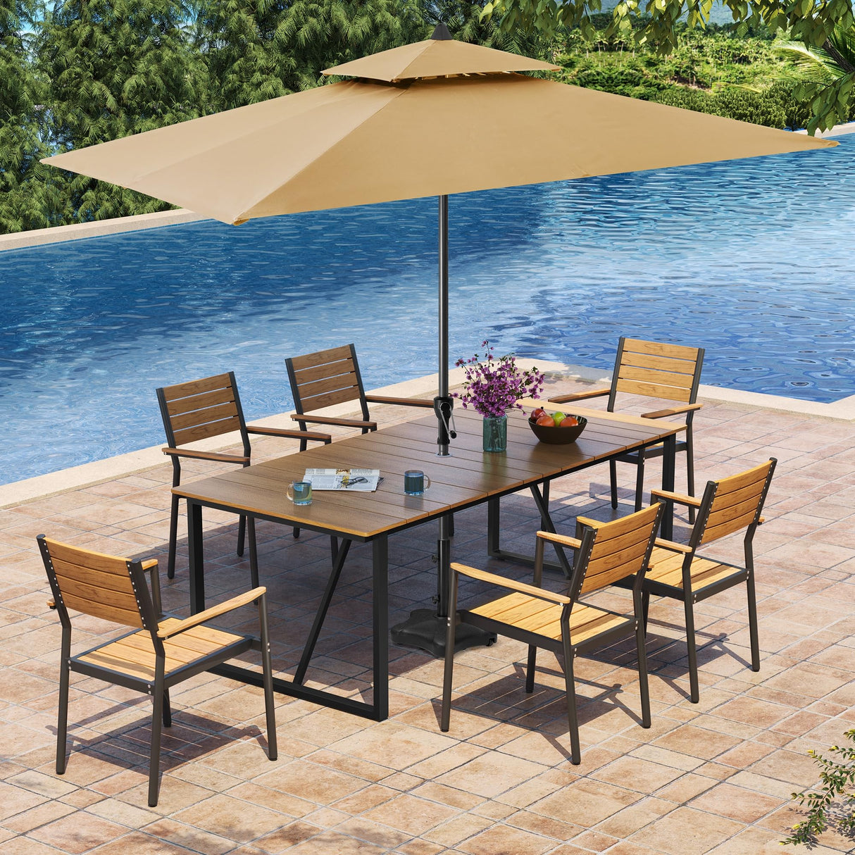 VredHom Outdoor Dining Table, 82.7 inch Patio Dining Table with Wooden-Like Top and Aluminum Frame, Rectangular Table with Umbrella Hole Outdoor Furniture, Only Table, Brown VredHom
