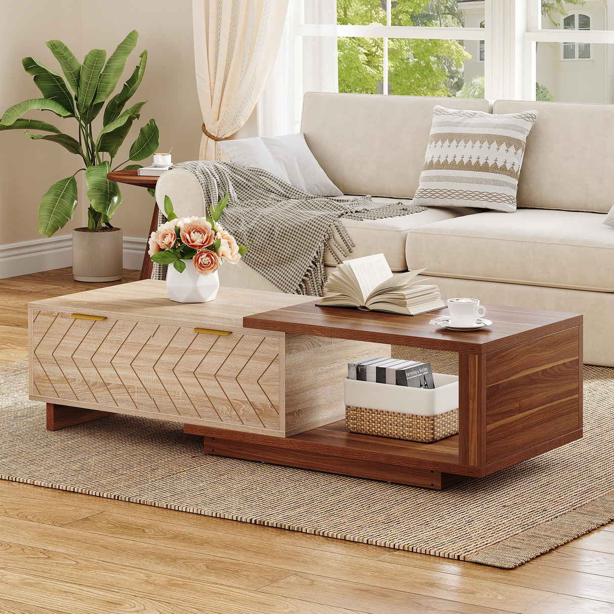 LITTLE TREE Expandable Wooden Coffee Table with 2 Drawers, Space-Saving Rectangular Farmhouse Center Table, Perfect for Living Room and Office, Brown and Beige LITTLE TREE