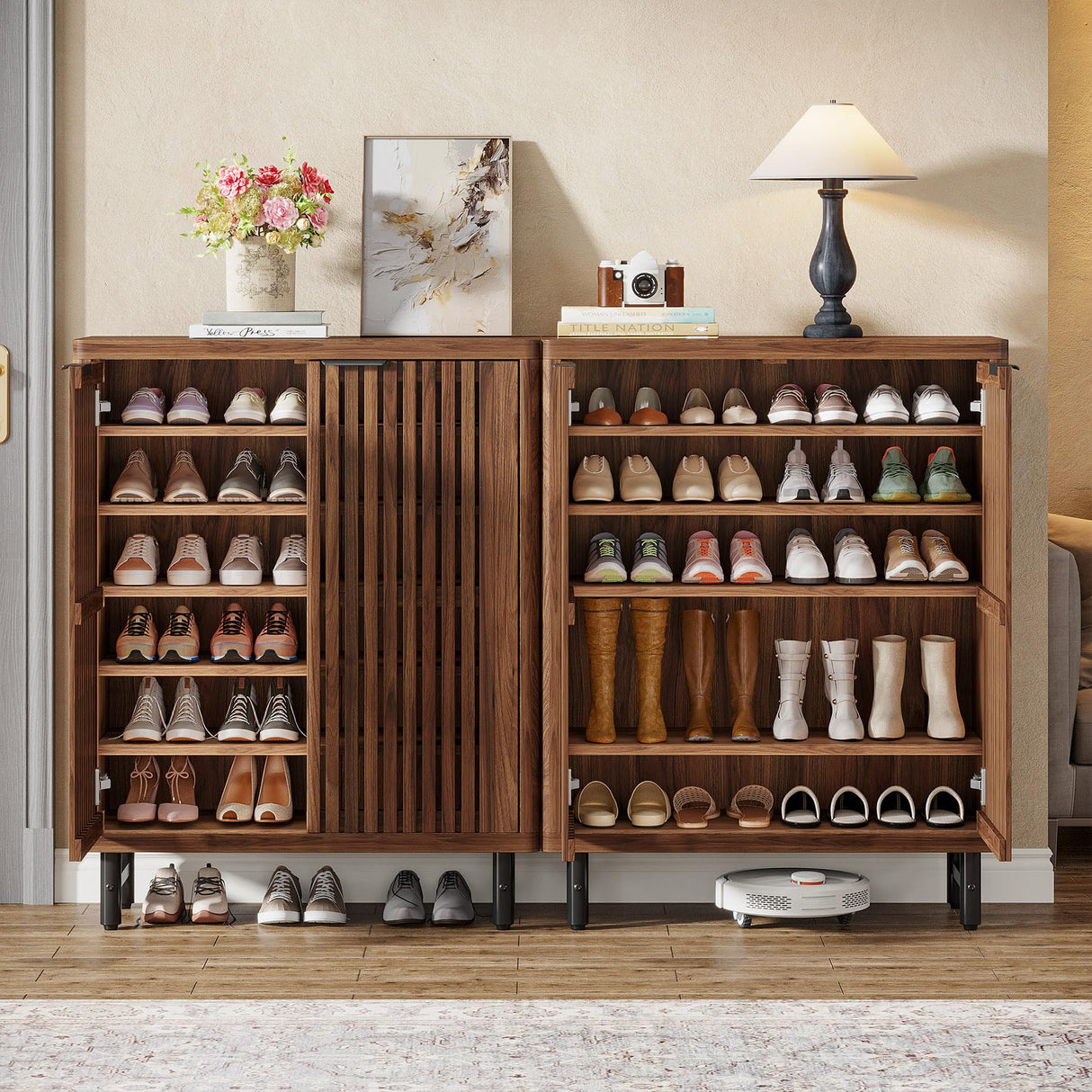Tribesigns Shoe Cabinet with Shutter Doors, 6-Tier Entryway Shoe Cabinet with Adjustable Shelves, Wooden Modern Rack Organizer for Entryway, Hallway, Closet, Living Room, Walnut Tribesigns