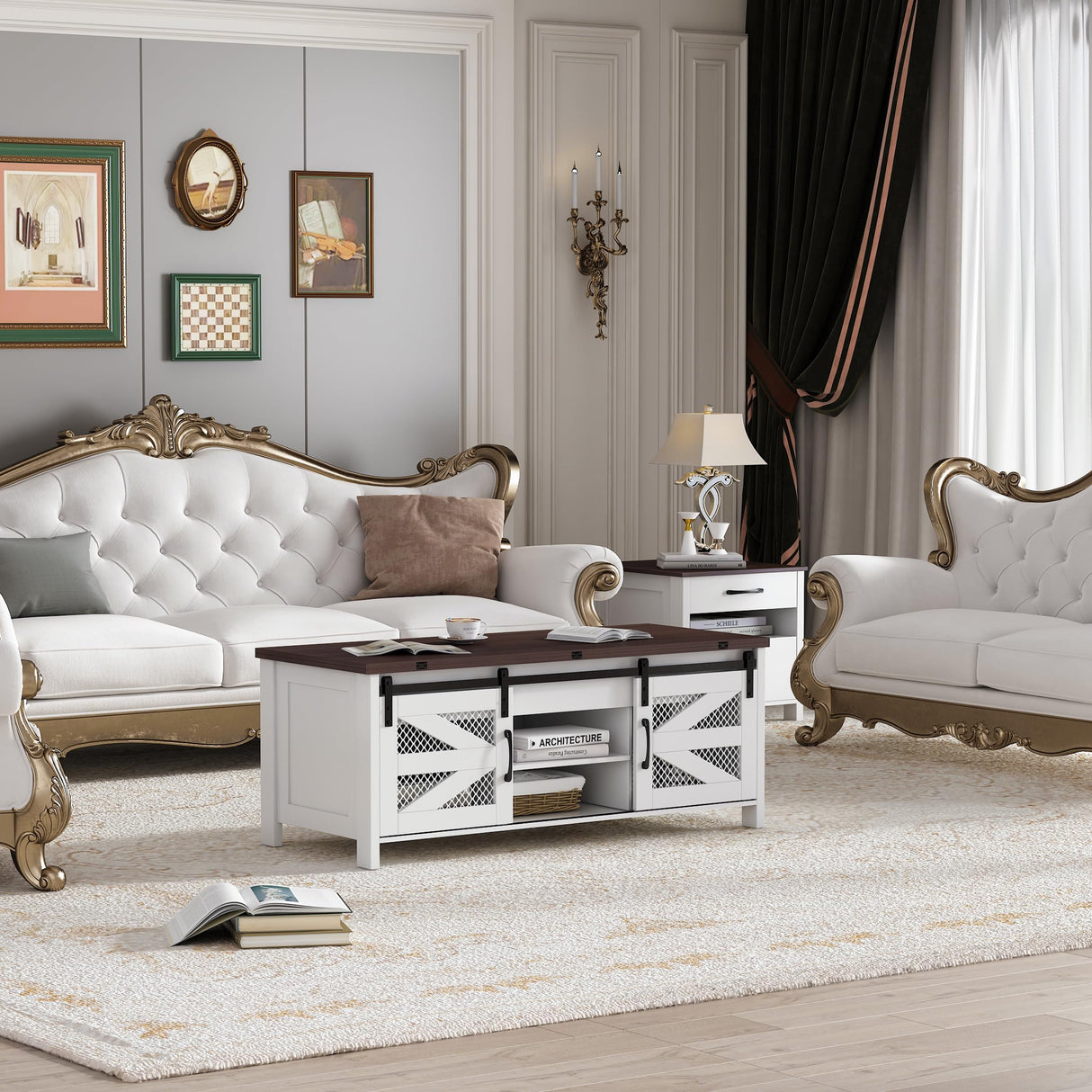 wanan 47.2" Lift Top Coffee Table, 4 in 1 Farmhouse Coffee Table with Sliding Barn Doors, Coffee Tables for Living Room, Dining Room (White) wanan