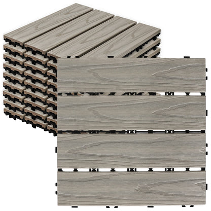 PURE ERA Wood Composite Interlocking Floor Deck Tiles Indoor Outdoor Use 12"x12" (10Pcs, 10 sq. Ft, Grey Oak Wood Pattern) - Great Upgrade to Patio Backyard Pathway