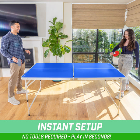 GoSports 6 x 3 ft Mid-Size Table Tennis Table Set with Adjustable Height - Blue GoSports