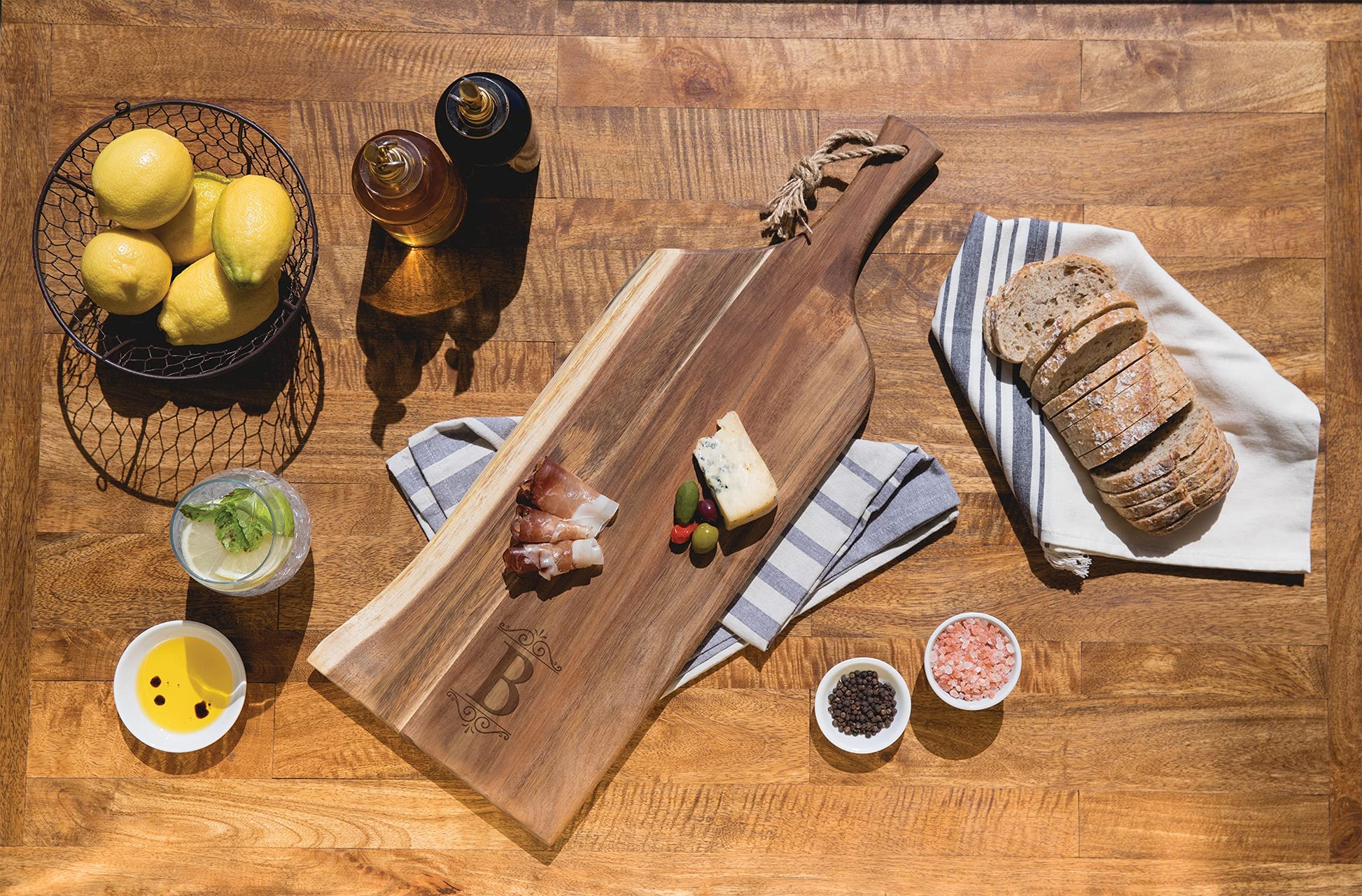 PICNIC TIME Monogram - B - Personalized Artisan 24" Acacia Charcuterie Board with Raw Wood Edge, Cheese Board, Serving Platter, (Acacia Wood) - WoodArtSupply