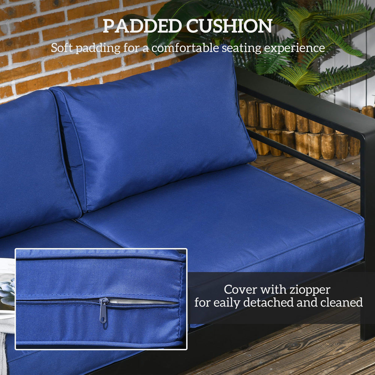 Outsunny 69" Modern Patio Furniture with Thick Padded Cushions, 3 Seater Aluminum Outdoor Sofa with Wide Armrests, Garden Seating Conversation Furniture with Back Cushions, Navy Blue Outsunny