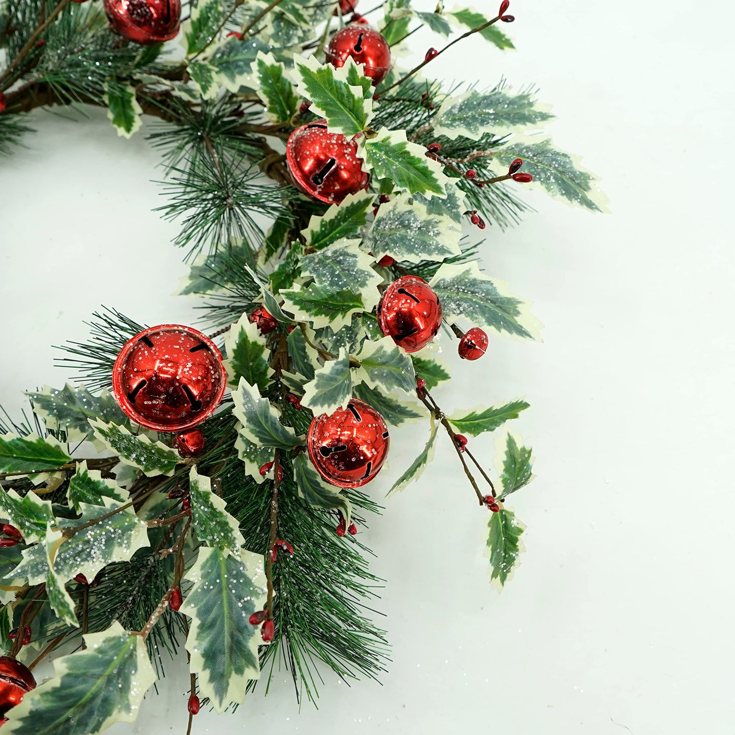 WreathDream Artificial Christmas Wreath Winter Wreath with Holly Leaves,Red Bell for Front Door Indoor Outdoor Farmhouse Wall Holiday Decor