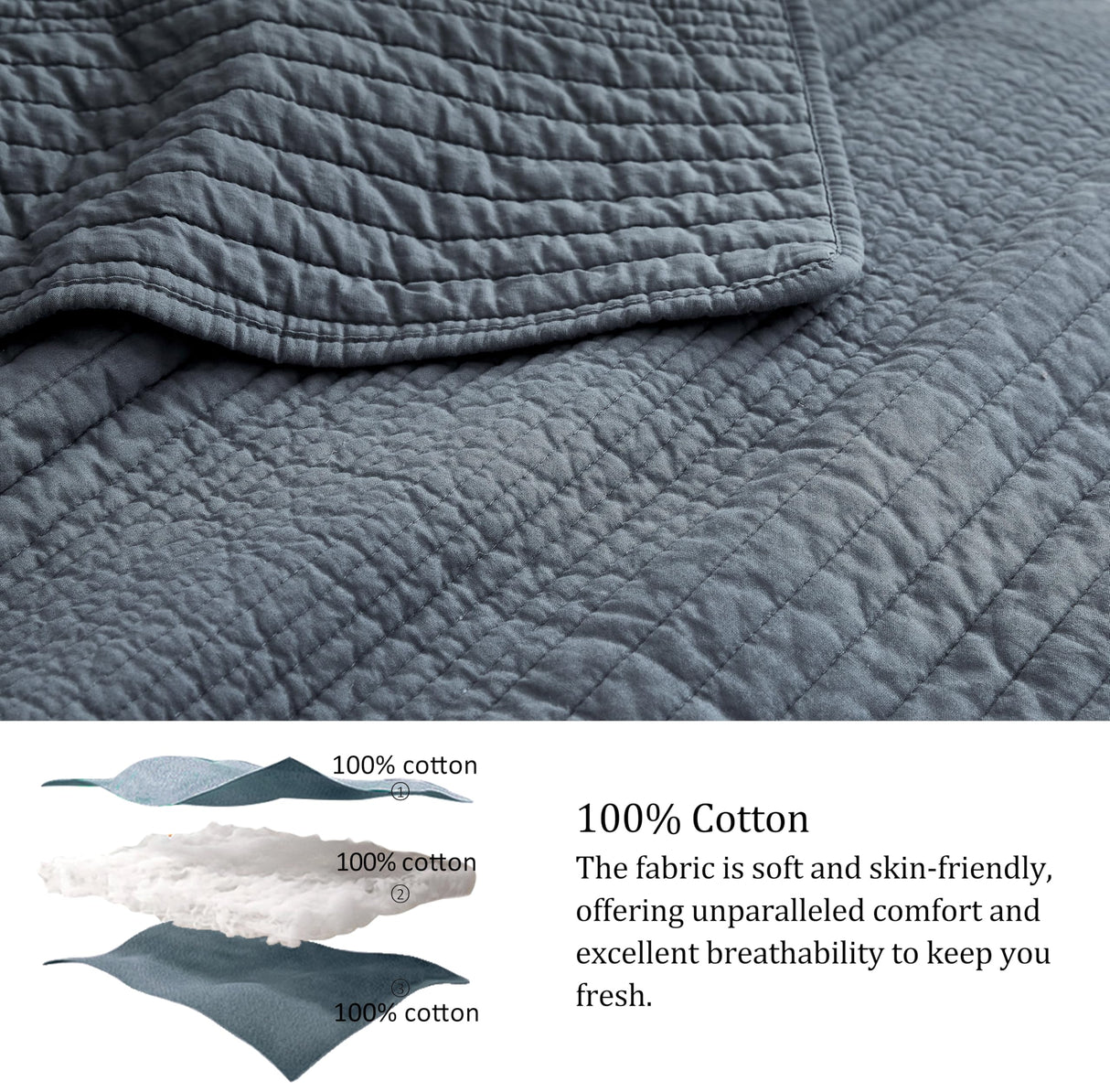 palassio Striped Blue Grey 100% Cotton Quilt King Size Bedding Sets, Lightweight Crinkly Channel Pick Stitch Textured Bedspread Soft Shabby Chic Farmhouse Country Coverlet for All Season, 2 Shams palassio