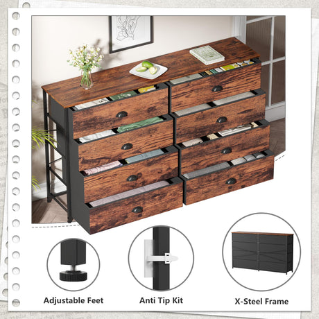 Furnulem Long Dresser for Bedroom, TV Stand for 55'' TV, Wide Storage Drawer Unit with 8 Fabric Bins, Double Dresser for Bedroom, Office, Dorm, Closet, Entryway, Wood Top (Rustic Brown) Furnulem