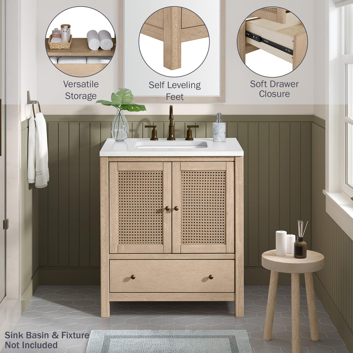 Alaterre Furniture Lucca 30 Inch Bathroom Vanity - Freestanding Cabinet Without Sink - Small Wood Bathroom Vanity with Large Drawer and Soft-Close Doors - Under Sink Cabinet Only (Natural) Alaterre Furniture