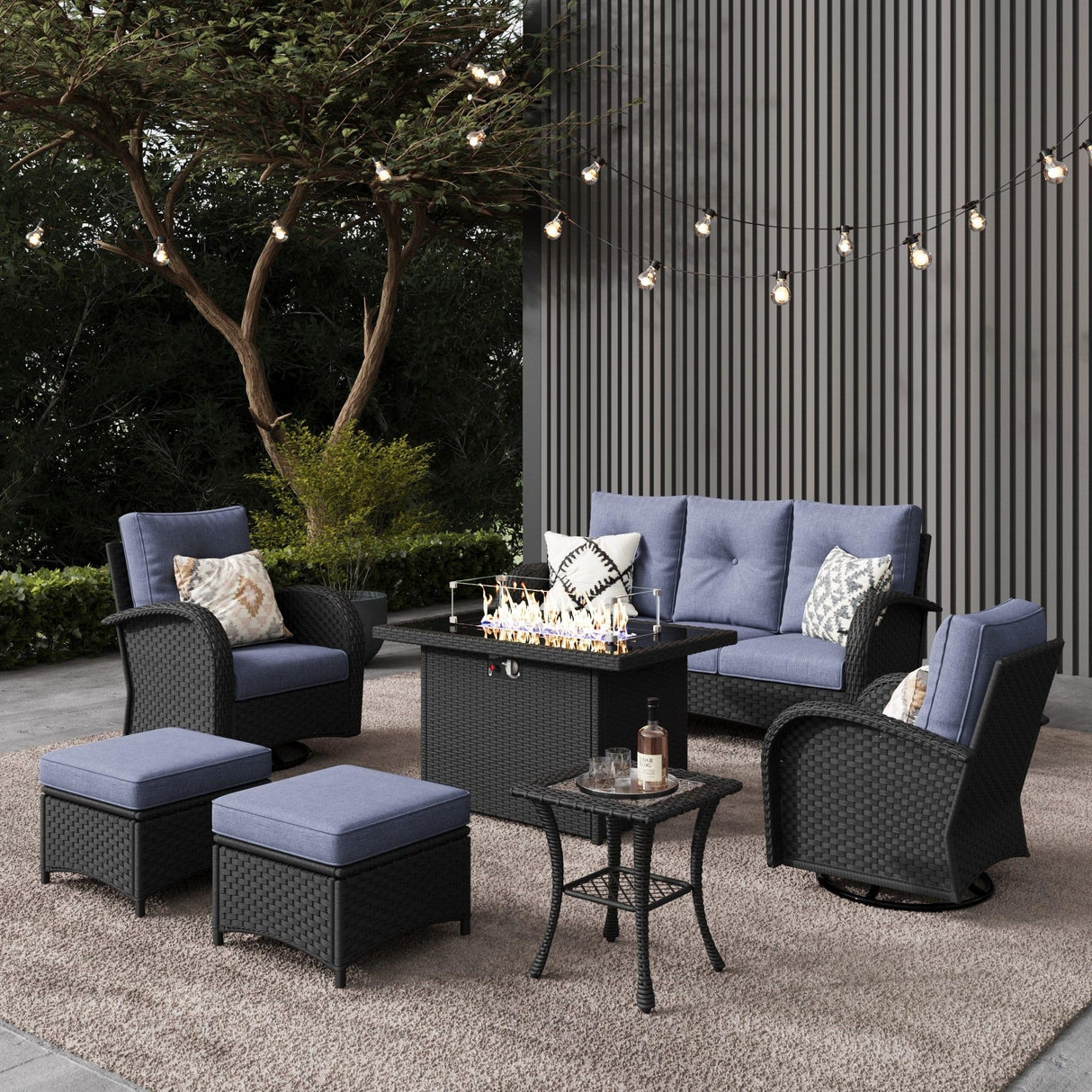 LayinSun 7 Pieces Outdoor Patio Furniture Set with Fire Pit Table, Rattan Wicker Sectional Swivel Rocker Chairs Sets LayinSun