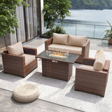 UDPATIO Patio Furniture Set with Fire Pit Table, 4 Pieces Outdoor Furniture Sets, Wicker Rattan Patio Conversation Sets with Outdoor Sofa Waterproof Covers for Porch Deck Backyard, Khaki UDPATIO
