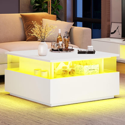 YITAHOME Coffee Tables for Living Room, Coffee Table with Storage, Square Coffee Table, Acrylic Coffee Table LED Coffee Table with 2 Sliding Drawers, Wood Center Table, White - WoodArtSupply