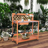 PetalPine Outdoor Potting Bench & Wooden Gardening Work Station Planting Table with Metal Tabletop, Drawer, Storage, and Hooks PetalPine