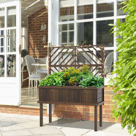 Outsunny Raised Garden Bed with Trellis for Climbing Plants, Vegetable, Grape Vines, Wood Planter with Legs, Drainage Holes and Filter for Outdoor Garden, Patio, Carbonized Outsunny