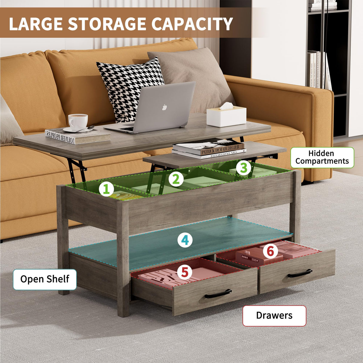 SYESWAY 42'' Lift Top Coffee Table, 4-in-1 Multifunctional Lift Coffee Table with Storage & Hidden Compartments, Farmhouse Coffe Table with Lifting top for Living Room, Dining Reception Room, Grey SYESWAY