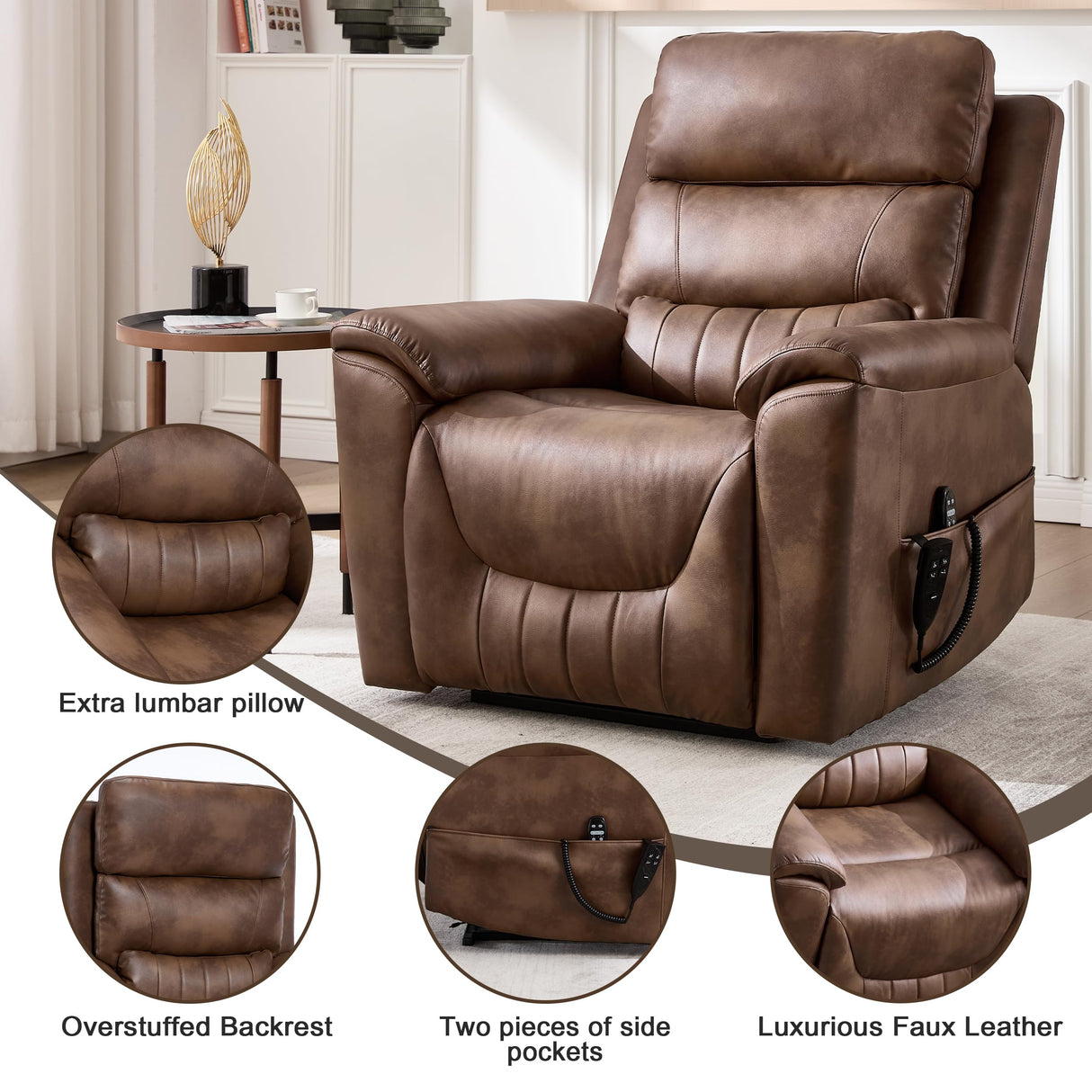 Power Lift Recliner Chair for Elderly People, Dual Motor Lay Flat Recliner with Vibration Massage and Heat, Heavy Duty Motion Mechanism Standing Assistance Reclining Chair, Faux Leather Brown Luxlen