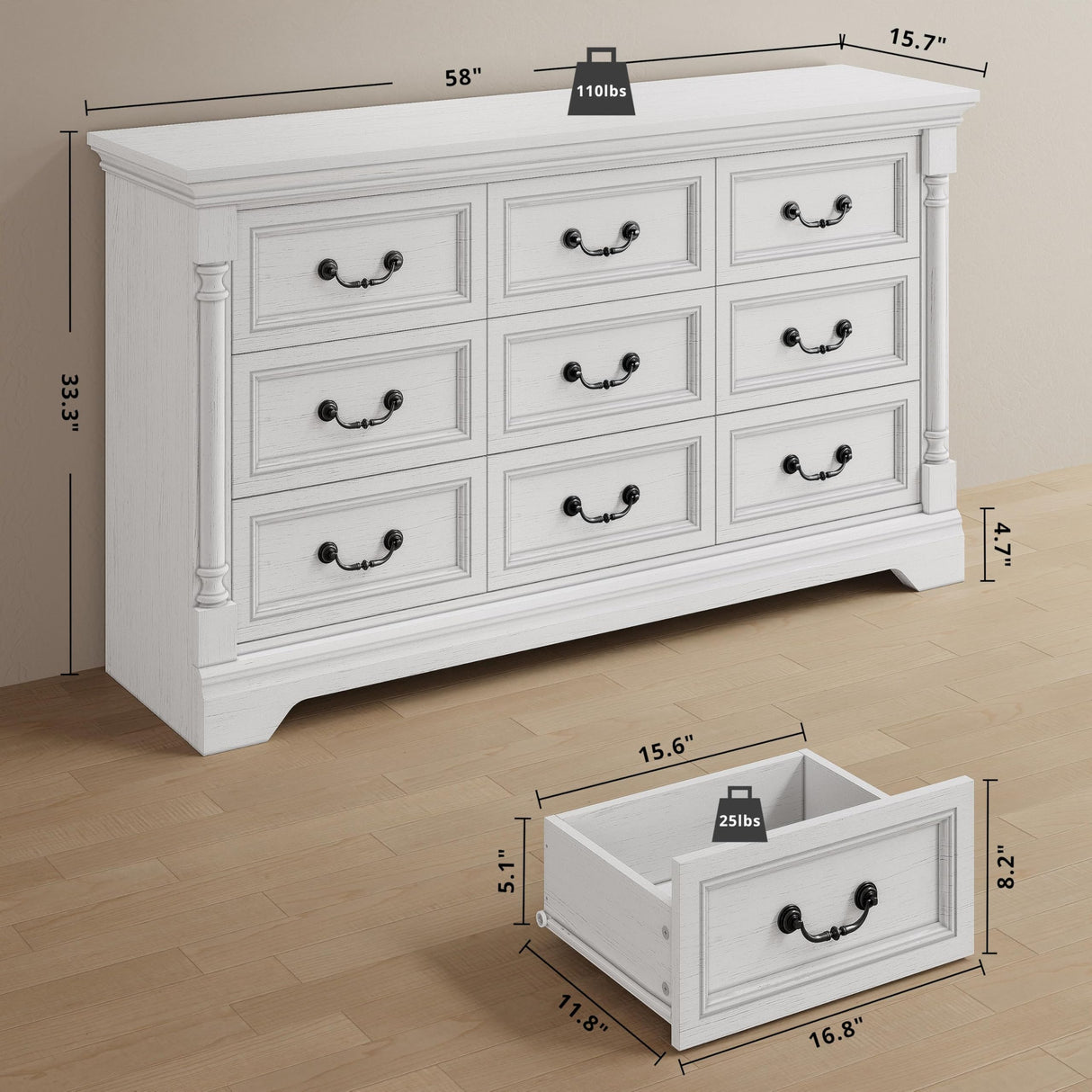 LIKIMIO Farmhouse Dresser for Bedroom with 9 Drawers, 58" Wide Wood Chest of Drawers with Roman Column, Dresser TV Stand for 65", Closet Storage Dressers Organizer for Bedroom, Living Room, Hallway LIKIMIO