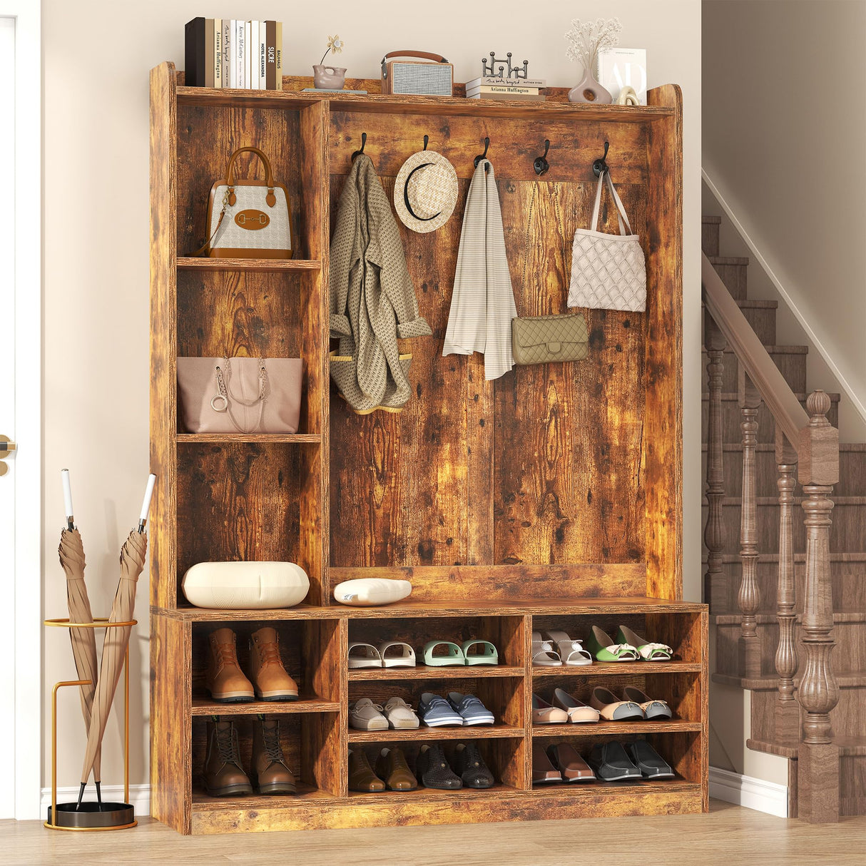 Nosepen Hall Tree with Bench and Shoe Storage, 5-in-1 Entryway Storage Bench, Shoe Rack with Coat Rack, 8 Shoe Cubbies & 5 Coat Hooks, Adjustable Shelf, Top and Side Storage, Rustic Brown Nosepen