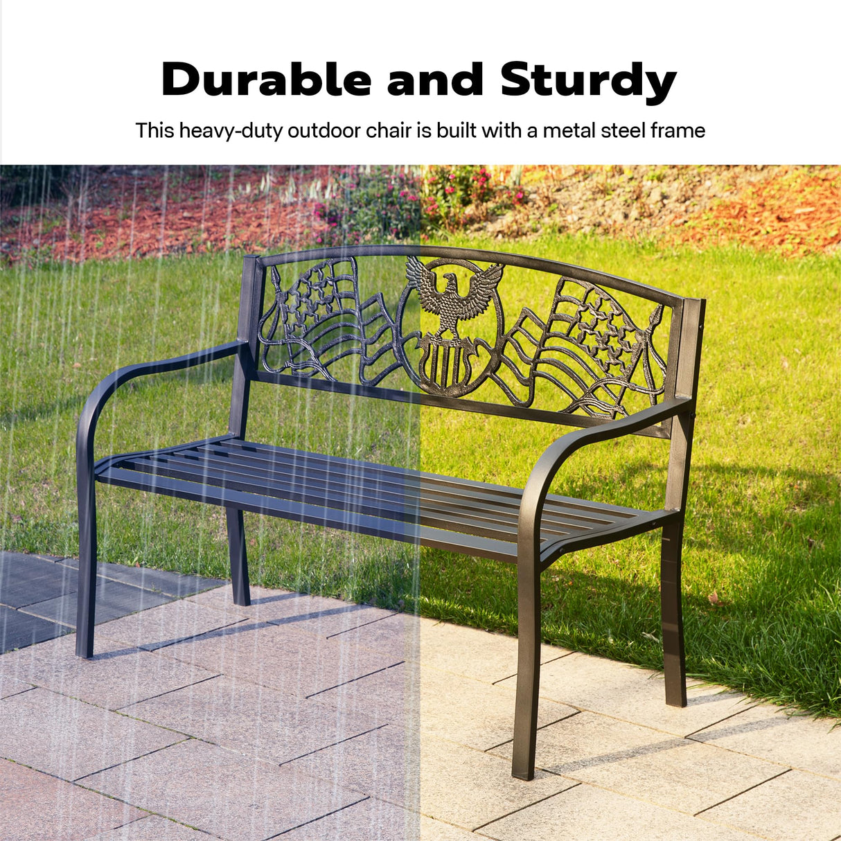 VIVOHOME 50 Inch Outdoor Garden Bench Cast Iron Metal Frame Patio Park Benches for Porch Yard Lawn with Pattern Backrest VIVOHOME