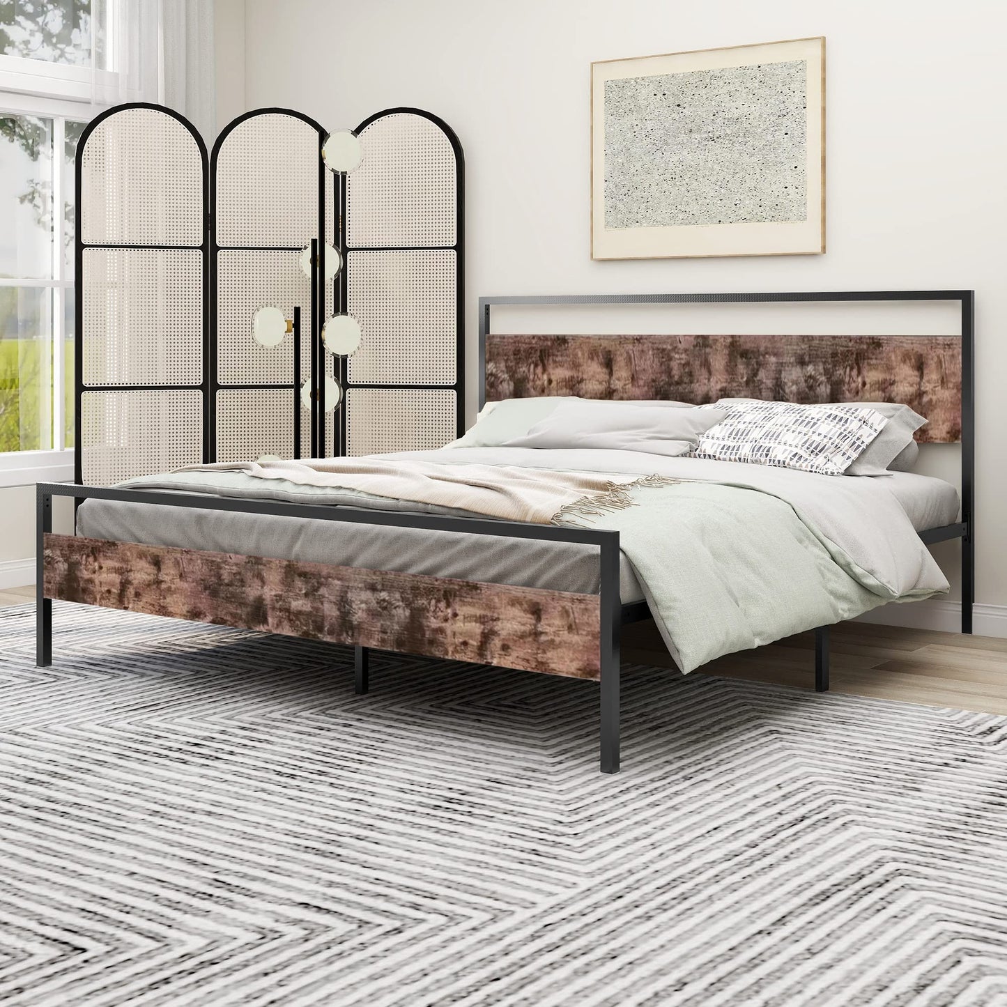 Modern Industrial King Size Bed Frame with Rustic Wooden Headboard & Footboard by alazyhome