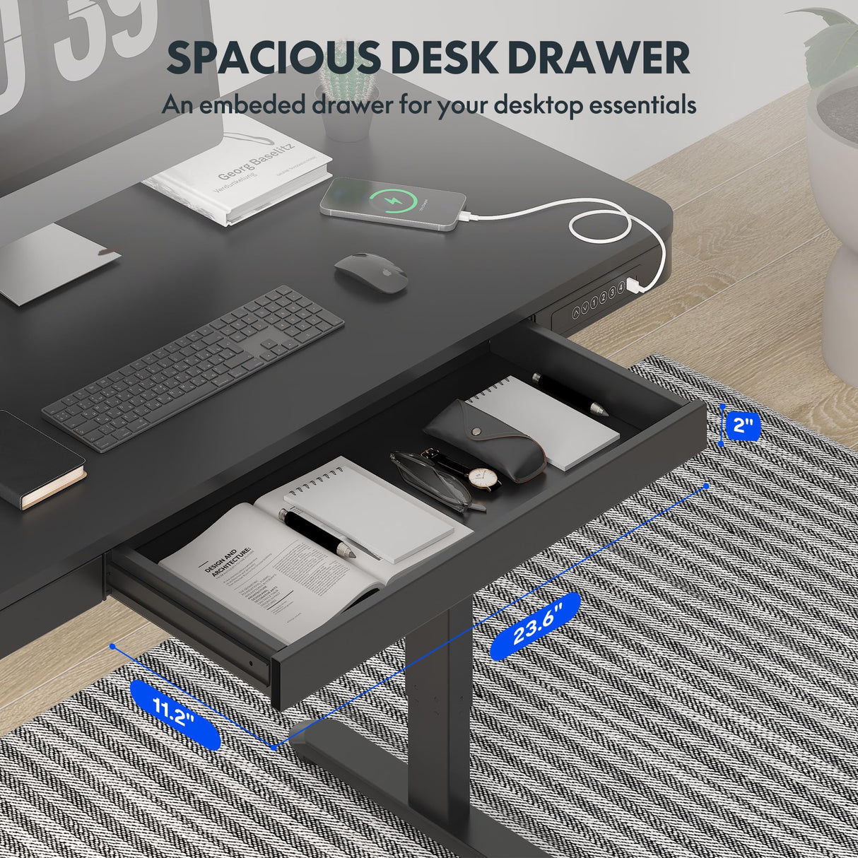 FLEXISPOT Comhar Electric Standing Desk with Drawer Desktop & Adjustable Frame Quick Install w/USB Charge Ports (Black, Wood) FLEXISPOT