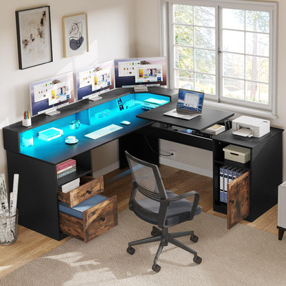 YITAHOME L Shaped Standing Desk with Power Outlets & LED Lights, 60" Computer Desk with Drawers & Lift Top, Corner Desk Office Desk with Monitor Stand, Wood Height Adjustable Desk, Black & Brown