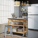 Home Styles Natural Designer Utility Kitchen Cart with Stainless Steel Top, Two Utility Drawers, Adjustable Shelf and Industrial Casters, Optional Wine Storage,Brown homestyles