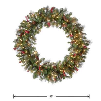 National Tree Company Pre-Lit Artificial Christmas Wreath, Green, Crestwood Spruce, White Lights, Decorated with Pine Cones, Berry Clusters, Frosted Branches, Christmas Collection, 36 Inches