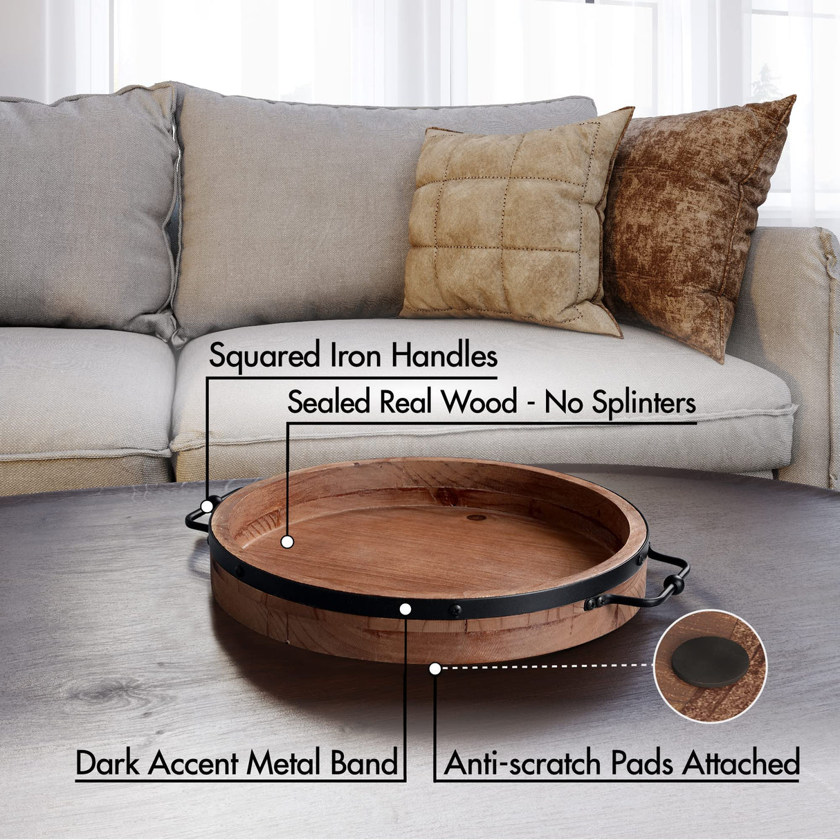 Round Coffee Table Tray - 13'' Farmhouse Wood Serving Tray with Metal Handles - Round Decorative Tray for Coffee Table - Round Ottoman Tray Decor - Wooden Circle Tray for Kitchen Counter LILO DESIGN CO.