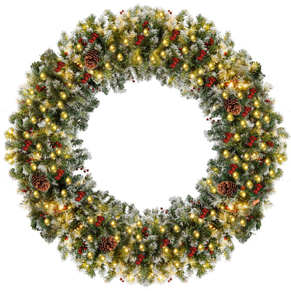 CACFTII 48in Pre-Lit Artificial Christmas Wreath, Snowflakes Christmas Wreaths with Warm White LED Lights, Pine Cones and Berries for Door, Mantel, Indoor Decorations, Xmas Holiday Decor, Green/White