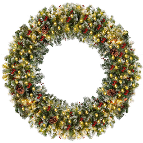 CACFTII 48in Pre-Lit Artificial Christmas Wreath, Snowflakes Christmas Wreaths with Warm White LED Lights, Pine Cones and Berries for Door, Mantel, Indoor Decorations, Xmas Holiday Decor, Green/White CACFTII