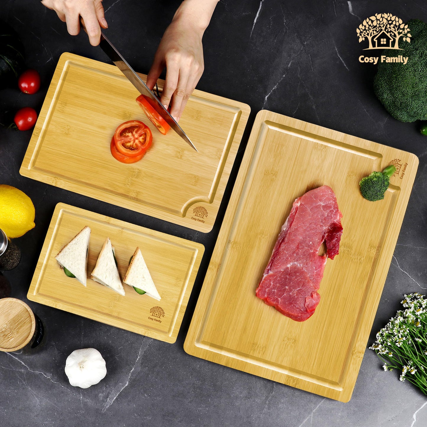 Cosy Family Wood Cutting Boards for Kitchen - XL - Bamboo Cutting Boards with Juice Groove, Serving Board Set, Thick Chopping Board for Meat, Veggies, Easy to clean