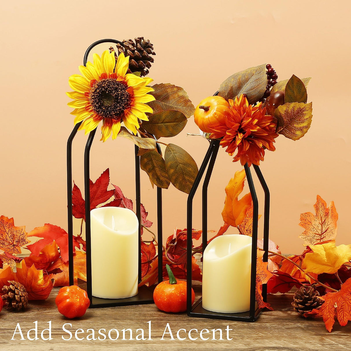 Perfnique Modern Farmhouse Lantern Decor, 15'' 13'' Set of 2 Black Metal Lantern, 2 LED 6hr Timer Flameless Candles ＆ Remote Timer, Lanterns Decorative for Outdoor, Home, Indoor, Patio, Christmas PERFNIQUE