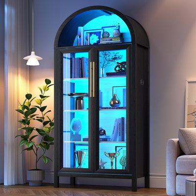 HWB Display Curio Cabinet with Glass Doors, Arched Bookcase 5-Tier Tall Storage Cabinet for Collectibles, Display Case with 3 Color Lights, Human Sensor Design, Black