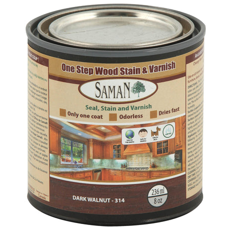 SamaN Interior One Step Wood Seal, Stain and Varnish – Oil Based Odorless Dye - Protection for Furniture and Fine Wood (Dark Walnut SAM-314, 8 oz) SamaN