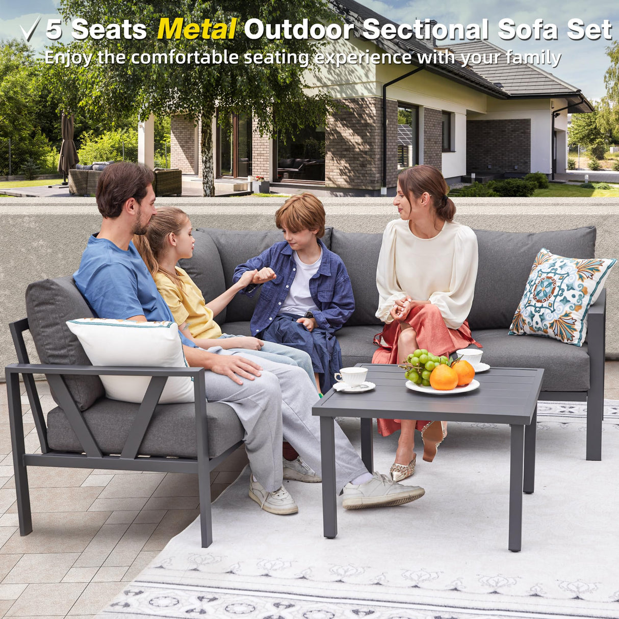 COMLAX FIELD Patio Furniture Set, 6 Pieces Outdoor Couch Sectional, L Shaped Patio Sofa, Metal Patio Couch Sectional with Side Table, Outdoor Seating Conversation Set, Grey COMLAX FIELD