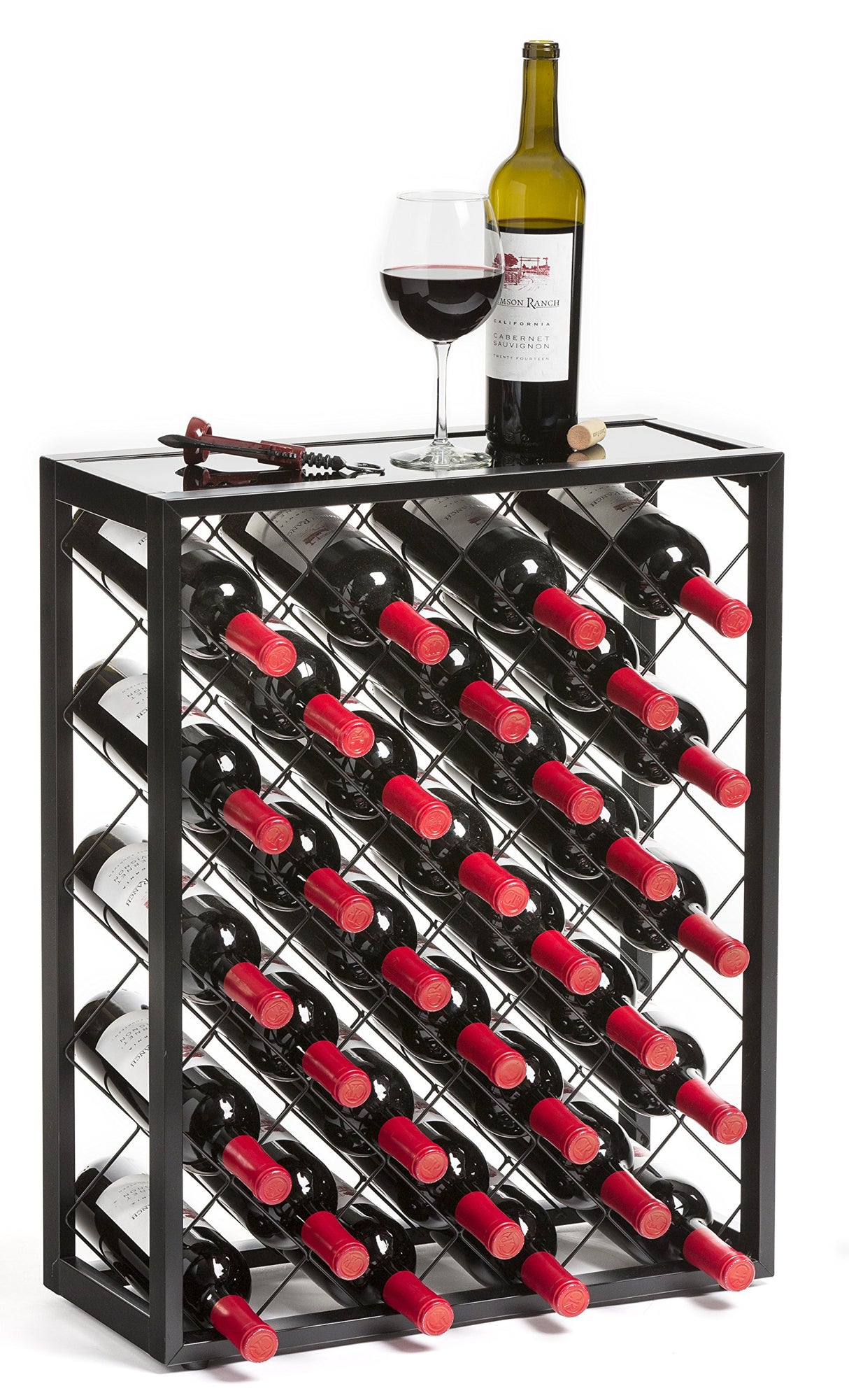 Mango Steam 32 Bottle Wine Rack with Black Glass Top Shelf, Free Standing for Home, Kitchen and Bar Mango Steam