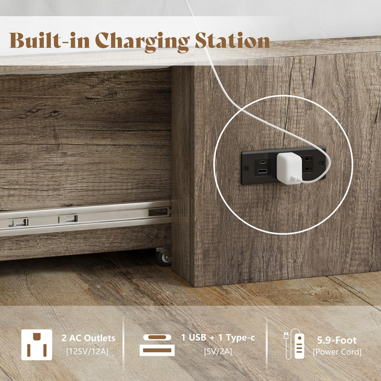 AMERLIFE Full Size Murphy Bed, Farmhouse Wooden Cabinet with Charging Station and Storage Drawer for Bedroom/Office/Guest Room, Grey Oak AMERLIFE