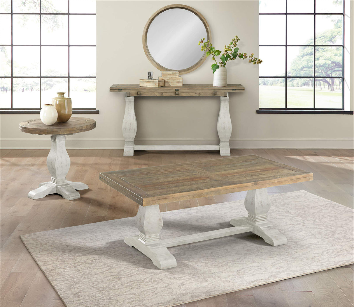 Napa Solid Wood Farmhouse Rustic Reclaimed Natural and White Stain Round End Side Accent Living Room Table, Nightstand Bedside 26" W x 26" D x 25" H Martin Svensson Home