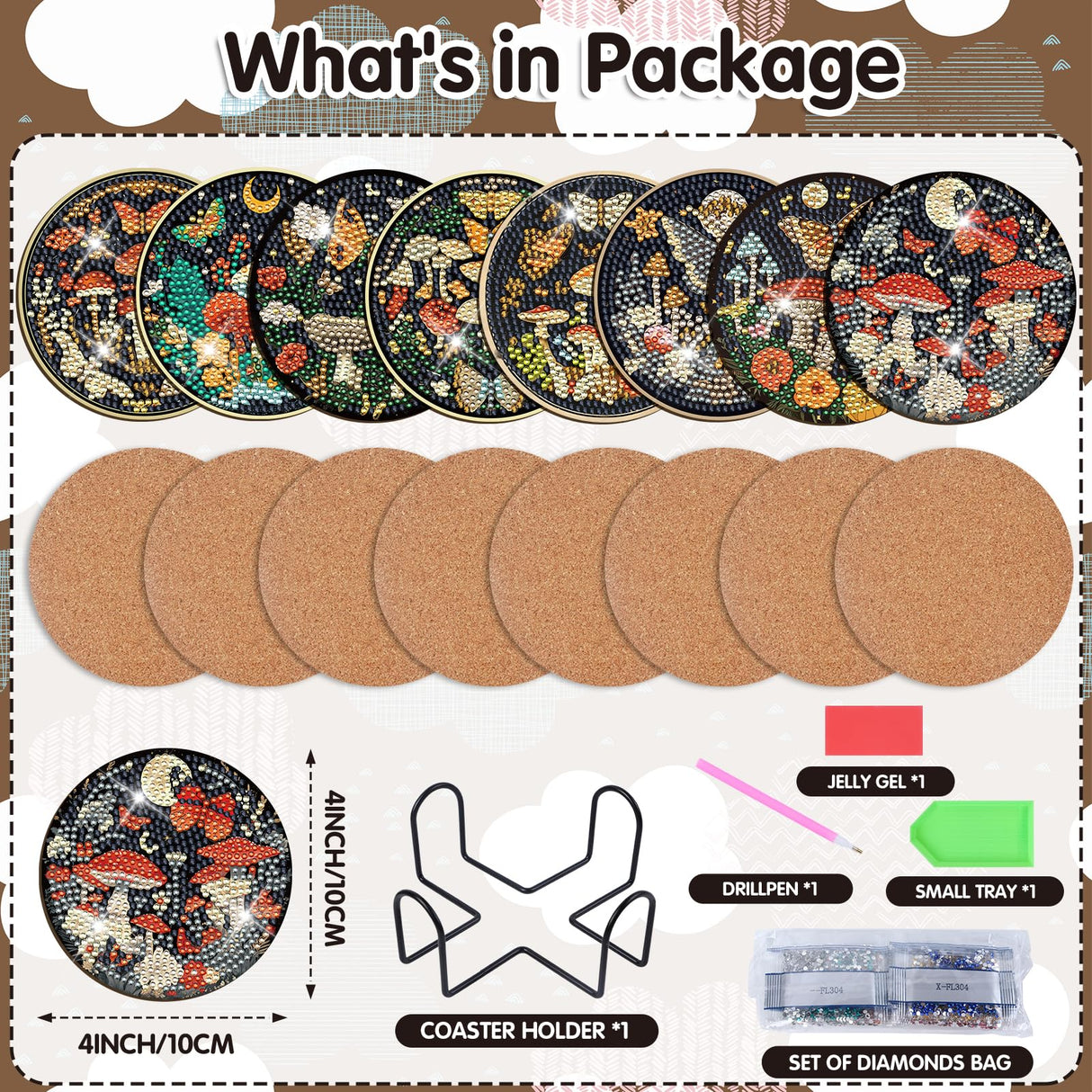 Mushroom Diamond Art Coasters Kit - 8 Pcs Boho Celestial Moth Mushroom Diamond Painting Coasters Kit for Adults, Gem Art Rhinestone Painting DIY Craft Supplies for Women Halloween Sitsink