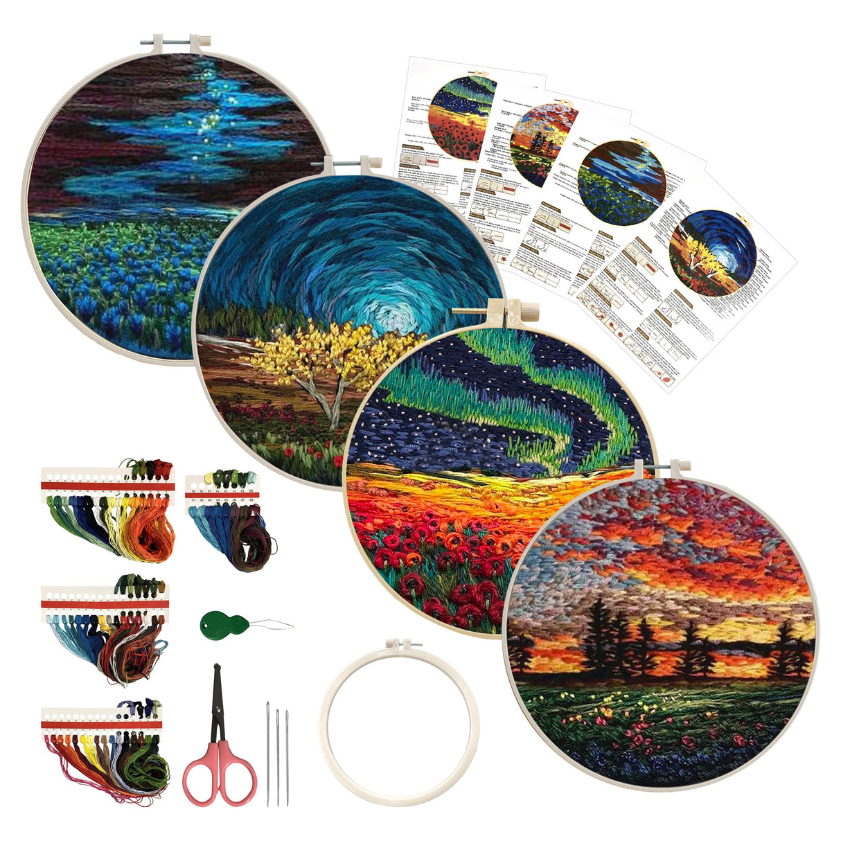 Maydear 4 Pack Embroidery Starter Kit with Pattern, Stamped Cross Stitch Kits for Beginners Adults with Embroidery Hoop and Instructions, Hand Embroidery Kit (Embroidery kit flower2) Maydear